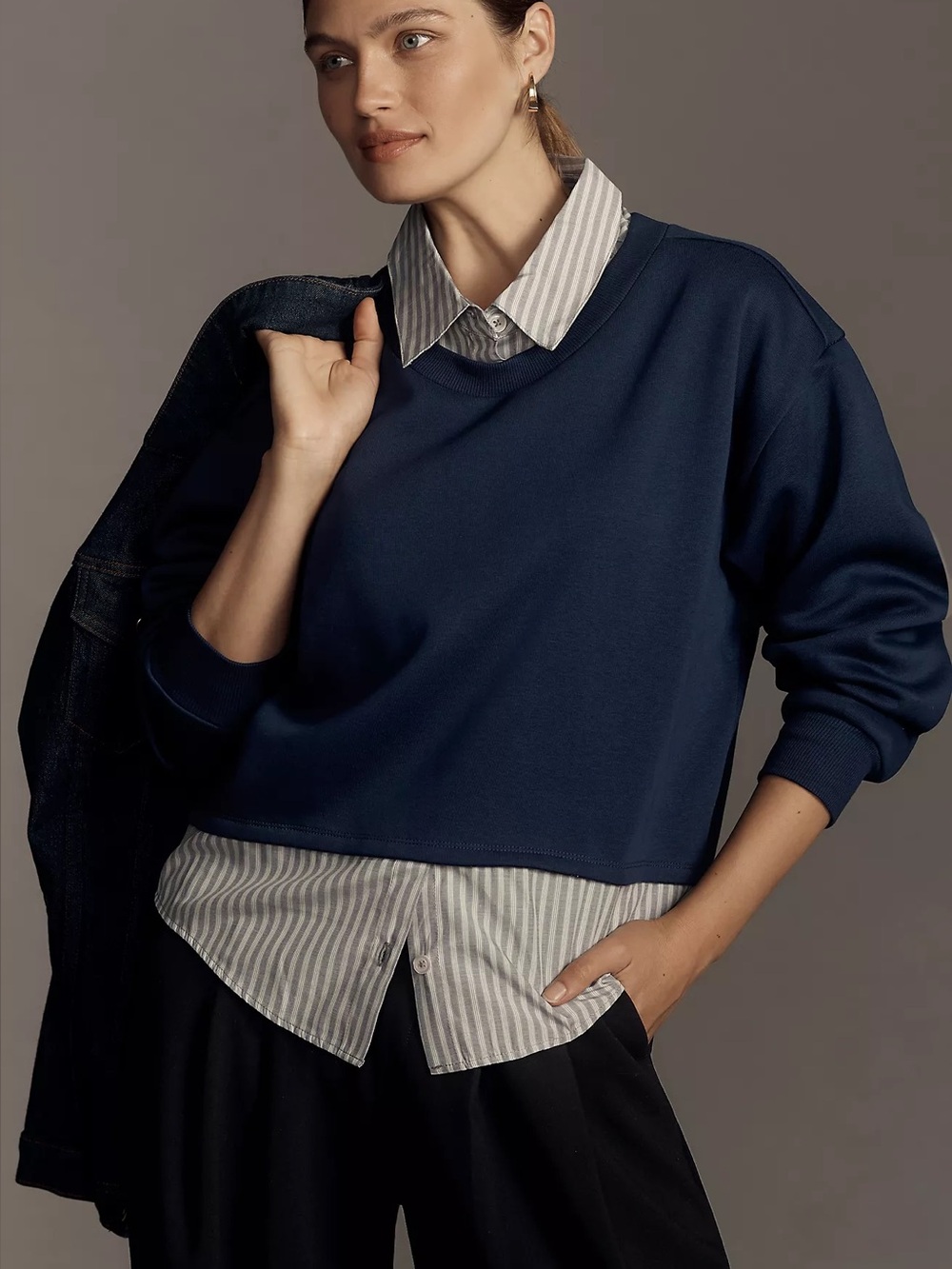 MAEVE ANTHROPOLOGIE Layered Button Down Sweatshirt Pullover Oversized Twofer M - Picture 1 of 9